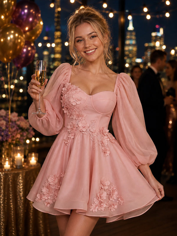 A-Line/Princess Sweetheart Chiffon Mini Homecoming Dresses with 3D Flowers, Corset Bodice & Pleats