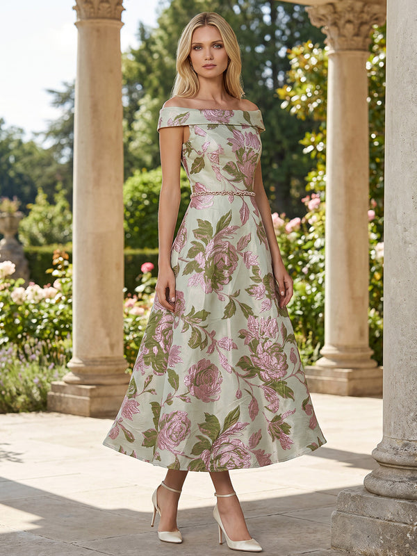 A-Line/Princess Off Shoulder Jacquard Tea-Length Cocktail Dresses for Women