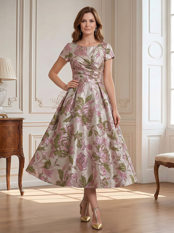 A-Line/Princess Scoop Neck Jacquard Tea-Length Mother of the Bride & Groom Dresses with Ruched Bodice