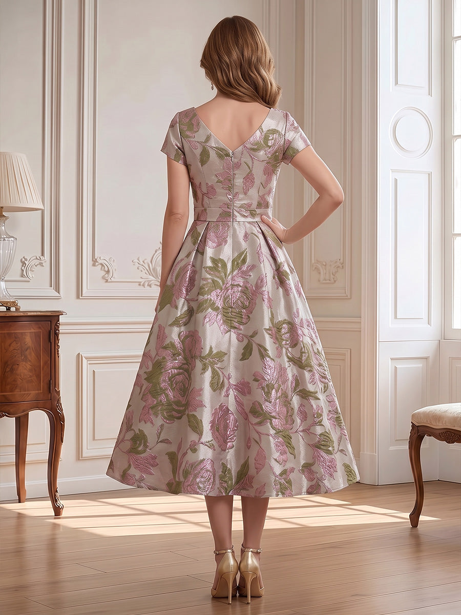 A-Line/Princess Scoop Neck Jacquard Tea-Length Mother of the Bride & Groom Dresses with Ruched Bodice