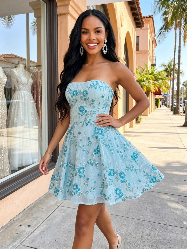 Sequin A Line Strapless Ruched Corset Homecoming Dresses