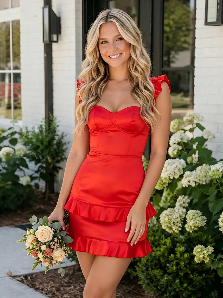 Satin Bodycon Sweetheart Ruffles Tight Homecoming Dresses