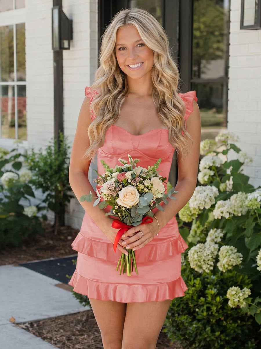 Satin Bodycon Sweetheart Ruffles Tight Homecoming Dresses