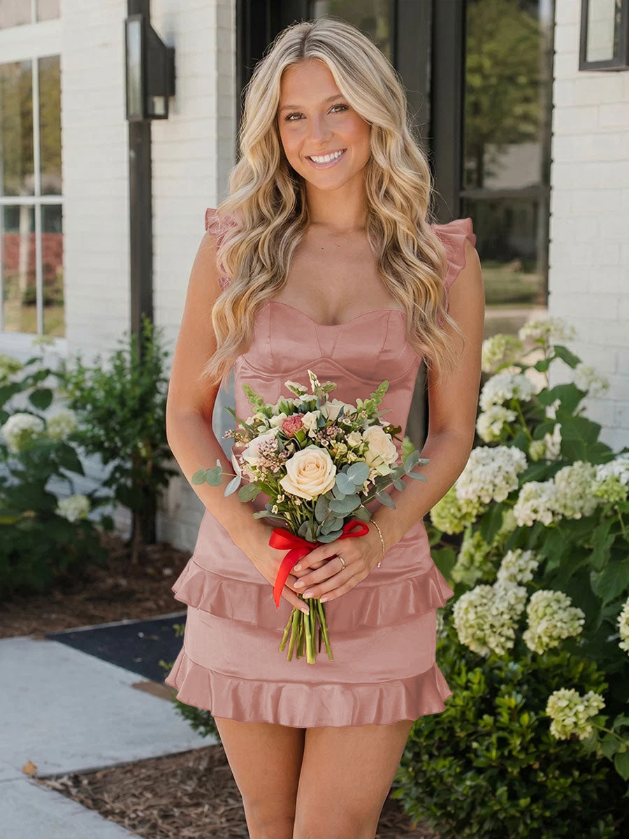 Satin Bodycon Sweetheart Ruffles Tight Homecoming Dresses