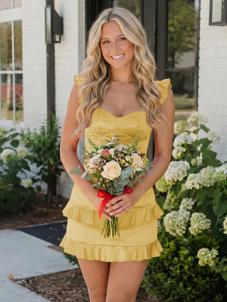 Satin Bodycon Sweetheart Ruffles Tight Homecoming Dresses