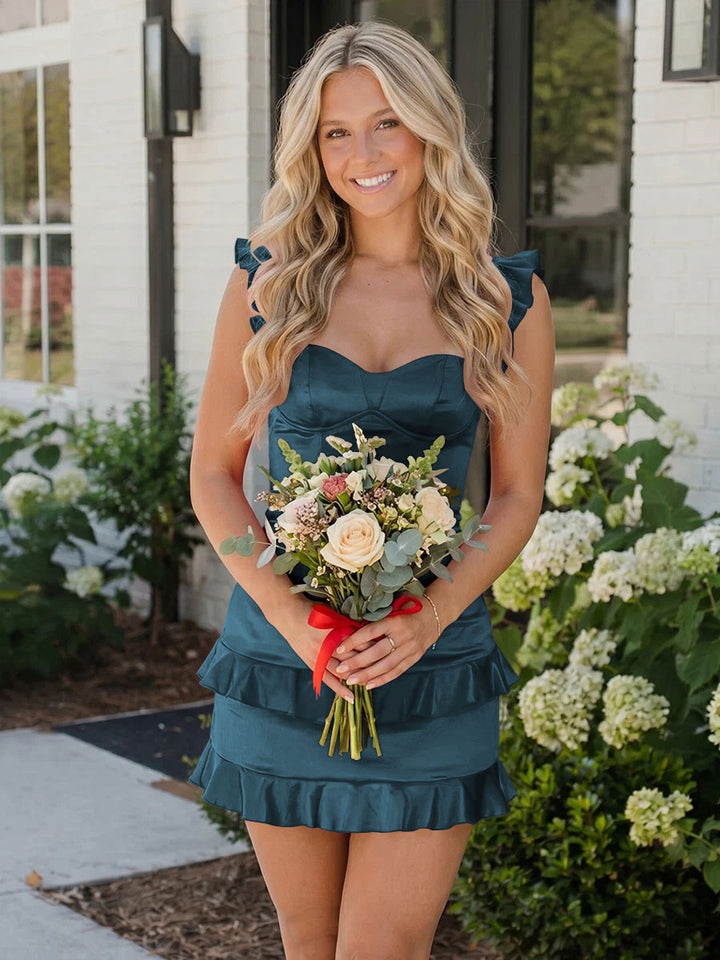 Satin Bodycon Sweetheart Ruffles Tight Homecoming Dresses