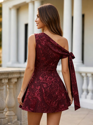 Jacquard A Line One Shoulder Bow Ruched Homecoming Dresses