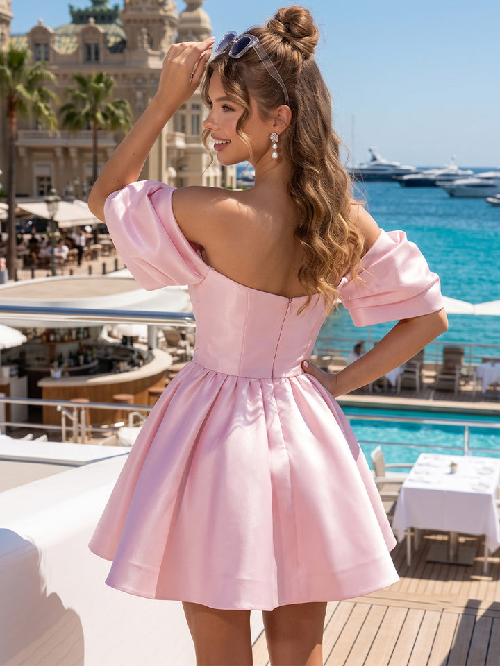 Satin A Line Off the Shoulder Ruched Bodice Homecoming Dresses