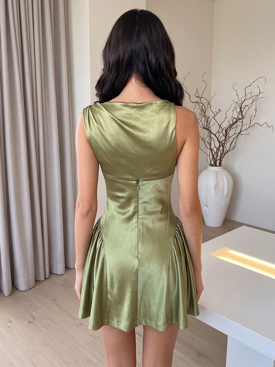 Satin A Line Cowl Neck Ruched Homecoming Dresses