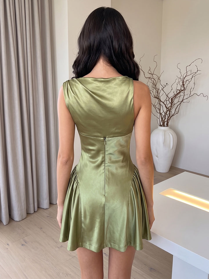Satin A Line Cowl Neck Ruched Homecoming Dresses