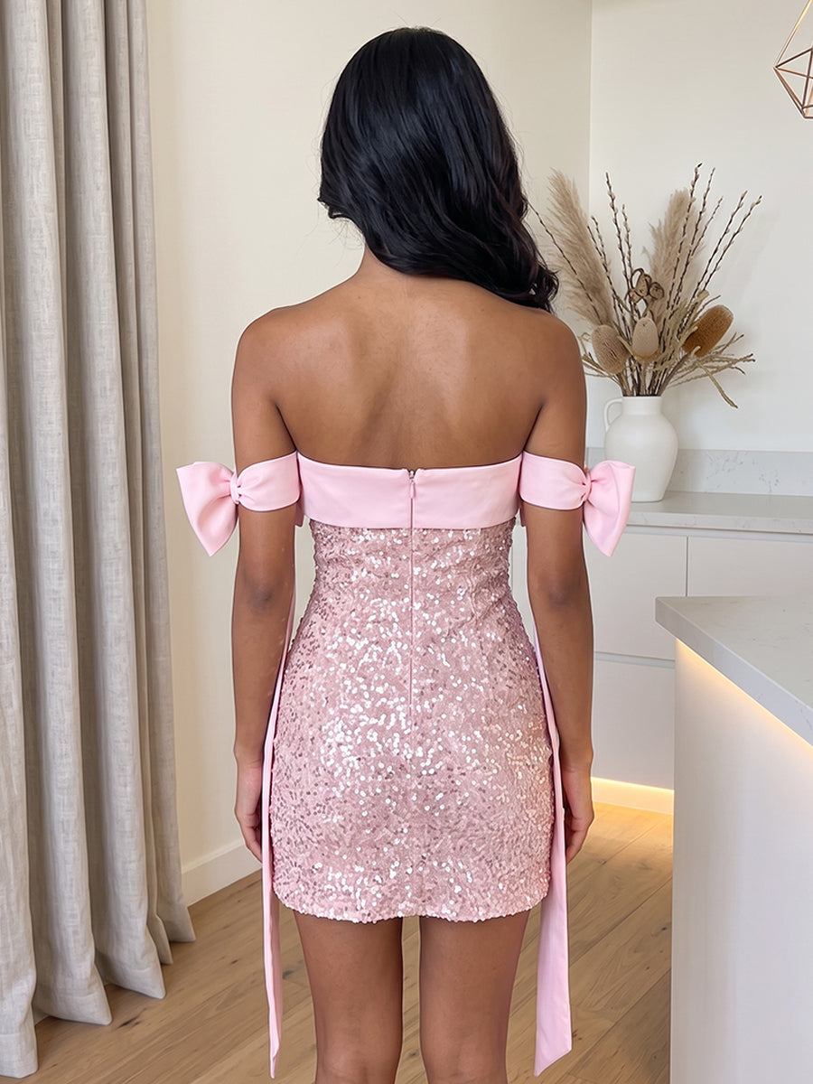 Sequin Bodycon Strapless Bow Sash Homecoming Dresses