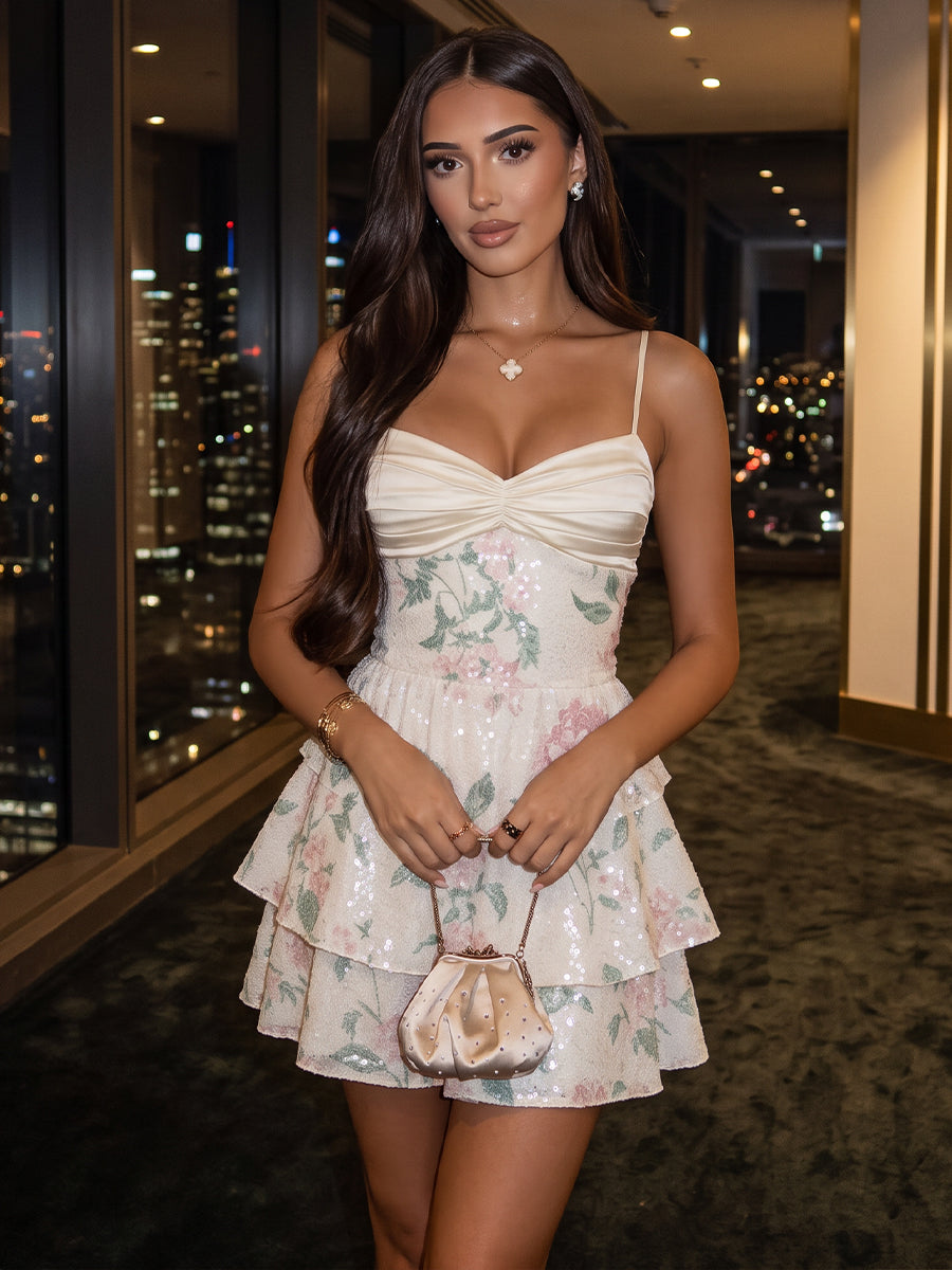 Sequin A Line Tiered Spaghetti Straps Floral Sweetheart Party Dresses