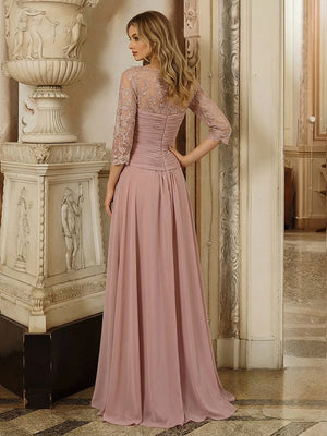 A Line 3/4 Sleeves Lace Ruched High Low Chiffon Mother of the Bride Dresses