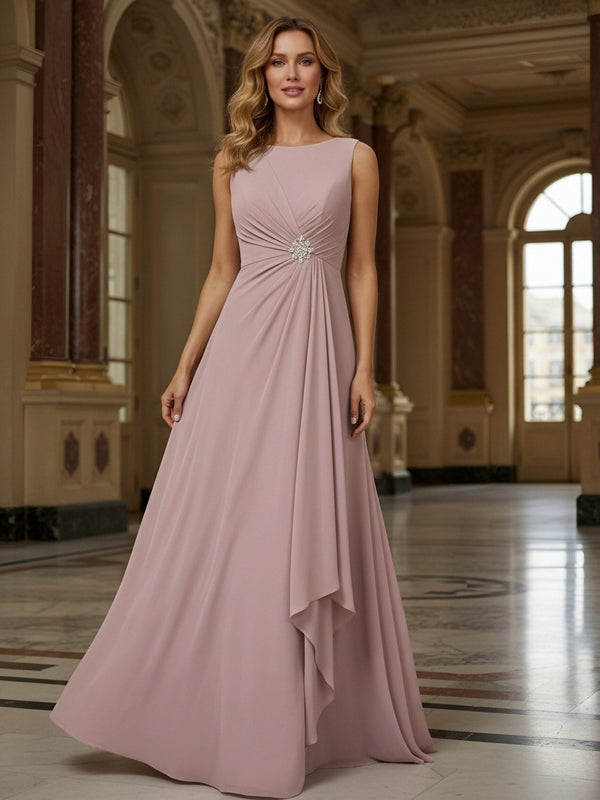 Crew Neck Ruffles Sleeveless Mother of the Bride Dresses with Beadings
