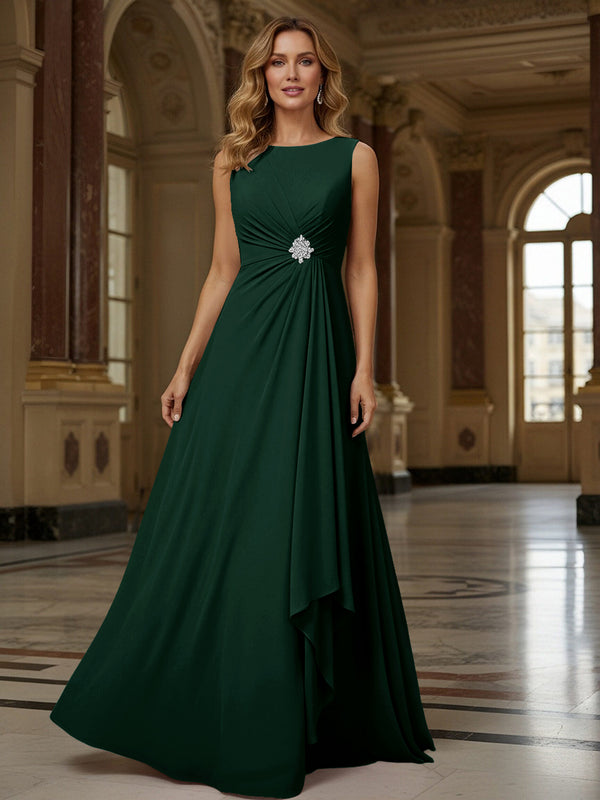 Crew Neck Ruffles Sleeveless Mother of the Bride Dresses with Beadings