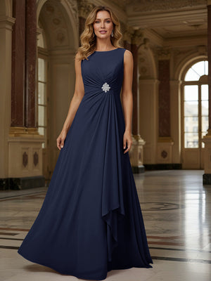 Crew Neck Ruffles Sleeveless Mother of the Bride Dresses with Beadings