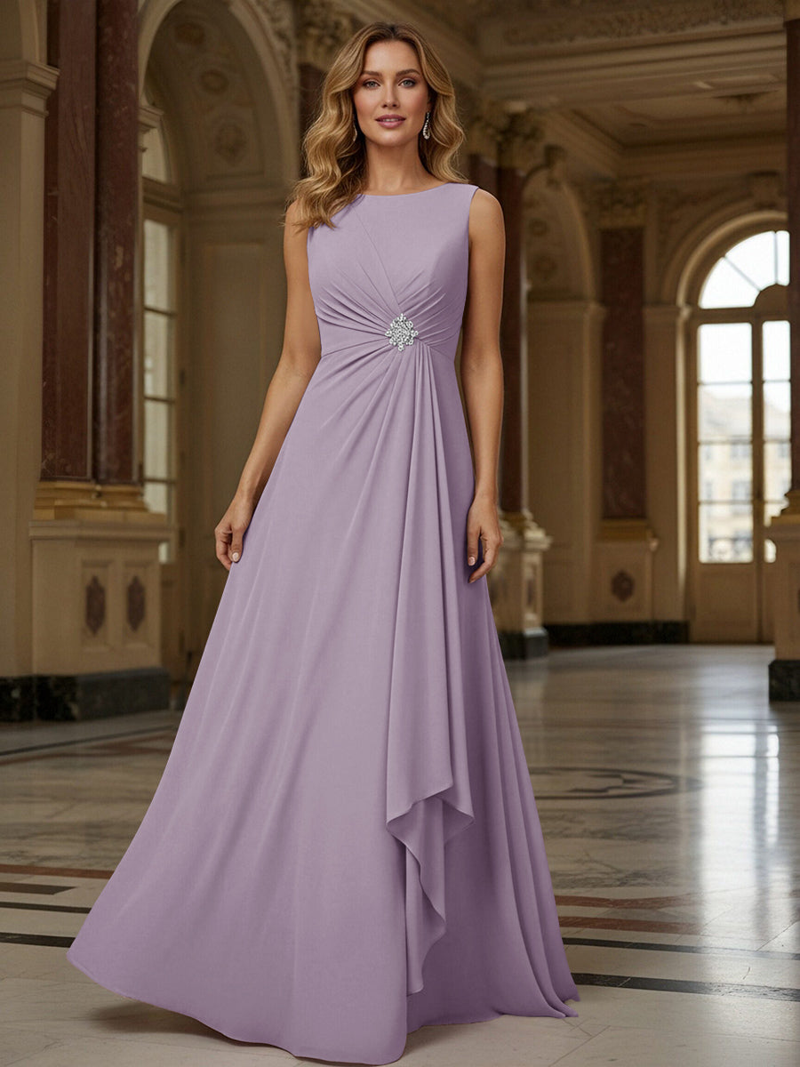 Crew Neck Ruffles Sleeveless Mother of the Bride Dresses with Beadings