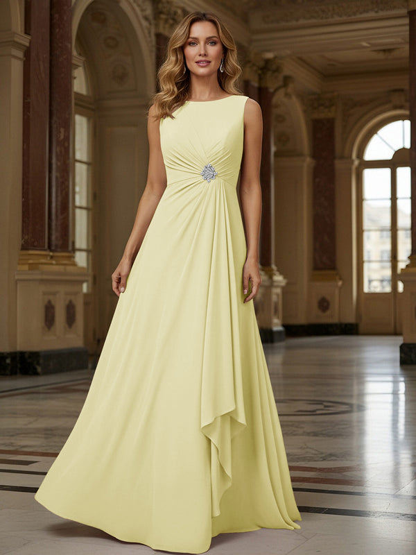 Crew Neck Ruffles Sleeveless Mother of the Bride Dresses with Beadings