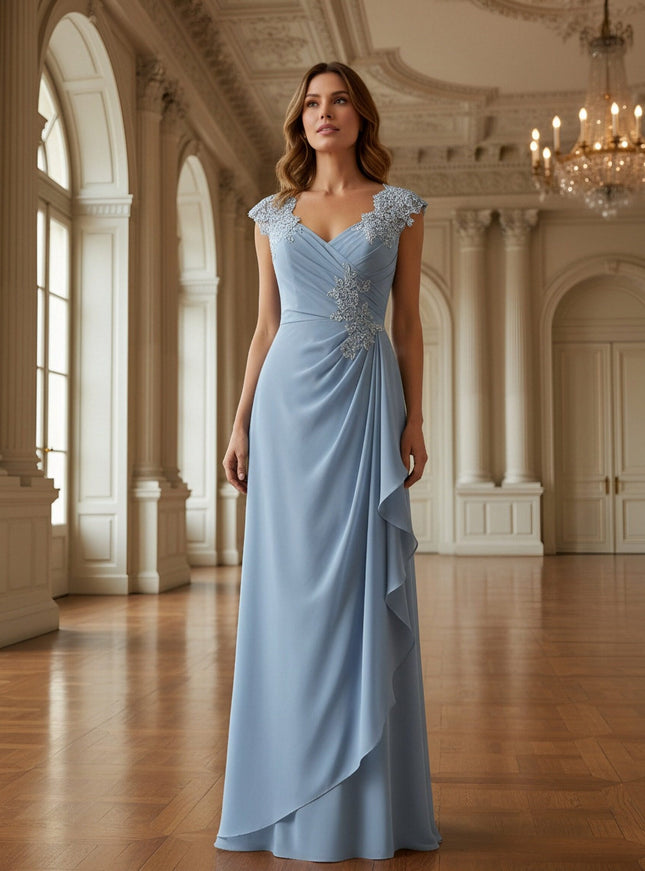 Lace Applique V Neck Ruffles Sleeveless Mother of the Bride Dresses