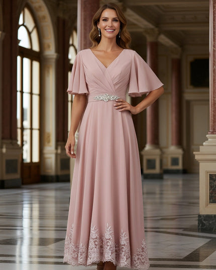 V Neck Short Sleeves Lace Applique Mother of the Bride Dresses with Beads