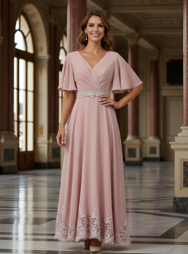 V Neck Short Sleeves Lace Applique Mother of the Bride Dresses with Beads