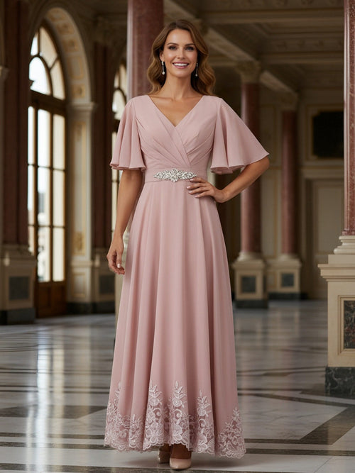 V Neck Short Sleeves Lace Applique Mother of the Bride Dresses with Beads