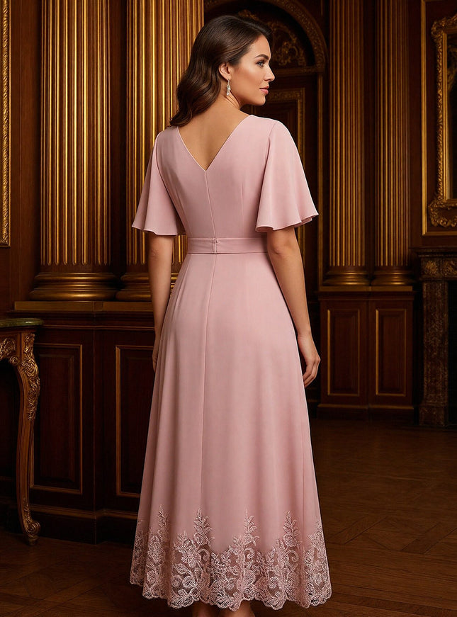 V Neck Short Sleeves Lace Applique Mother of the Bride Dresses with Beads