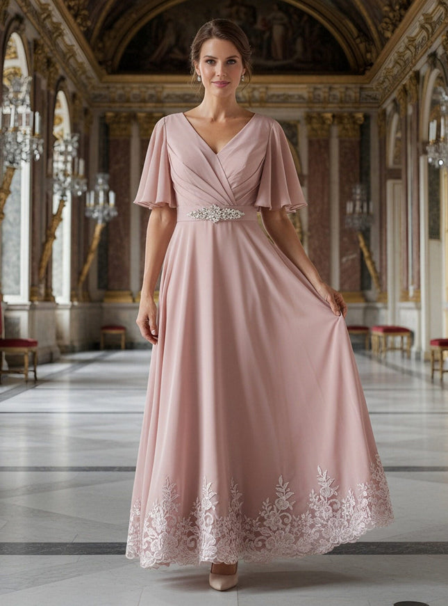 V Neck Short Sleeves Lace Applique Mother of the Bride Dresses with Beads