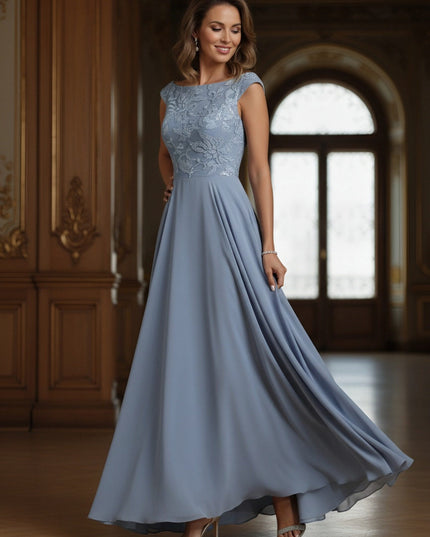 Lace Applique Boat Neck A Line Long Mother of the Bride Dresses