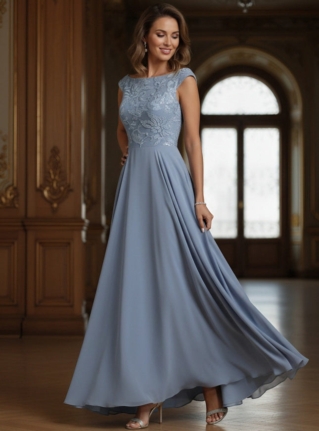 Lace Applique Boat Neck A Line Long Mother of the Bride Dresses