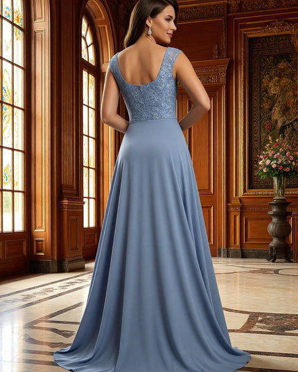 Lace Applique Boat Neck A Line Long Mother of the Bride Dresses