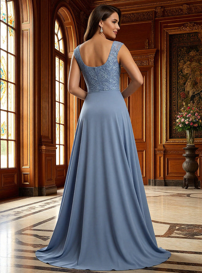 Lace Applique Boat Neck A Line Long Mother of the Bride Dresses