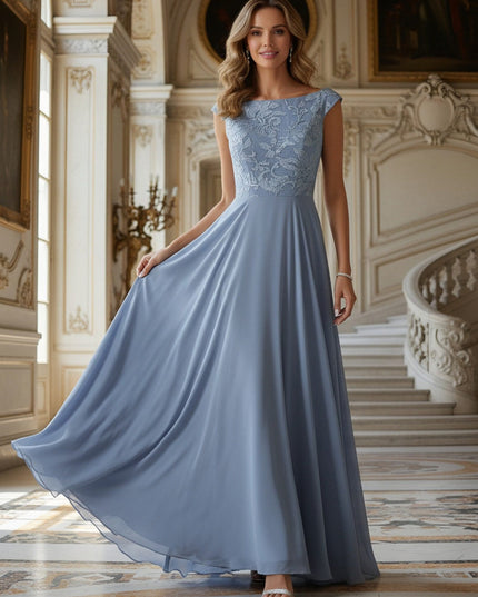 Lace Applique Boat Neck A Line Long Mother of the Bride Dresses