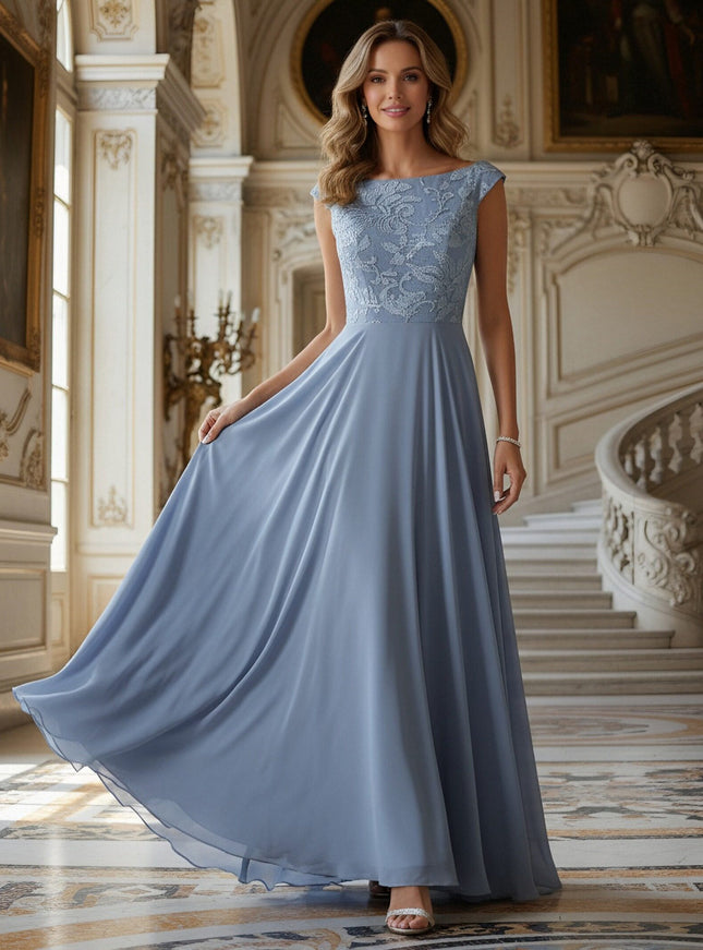 Lace Applique Boat Neck A Line Long Mother of the Bride Dresses