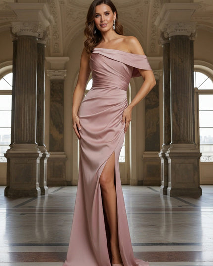 Satin Off the Shoulder Mermaid Formal Dresses with Slit