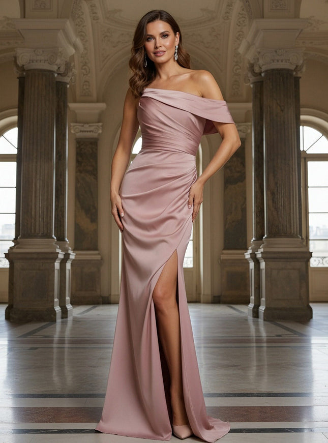 Satin Off the Shoulder Mermaid Formal Dresses with Slit