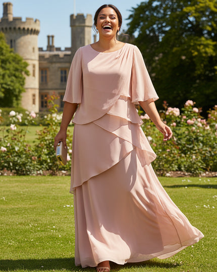 Short Sleeves Chiffon Round Neck Ruffles A Line Mother of the Bride Dresses