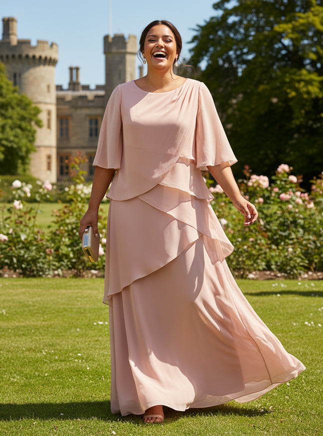 Short Sleeves Chiffon Round Neck Ruffles A Line Mother of the Bride Dresses