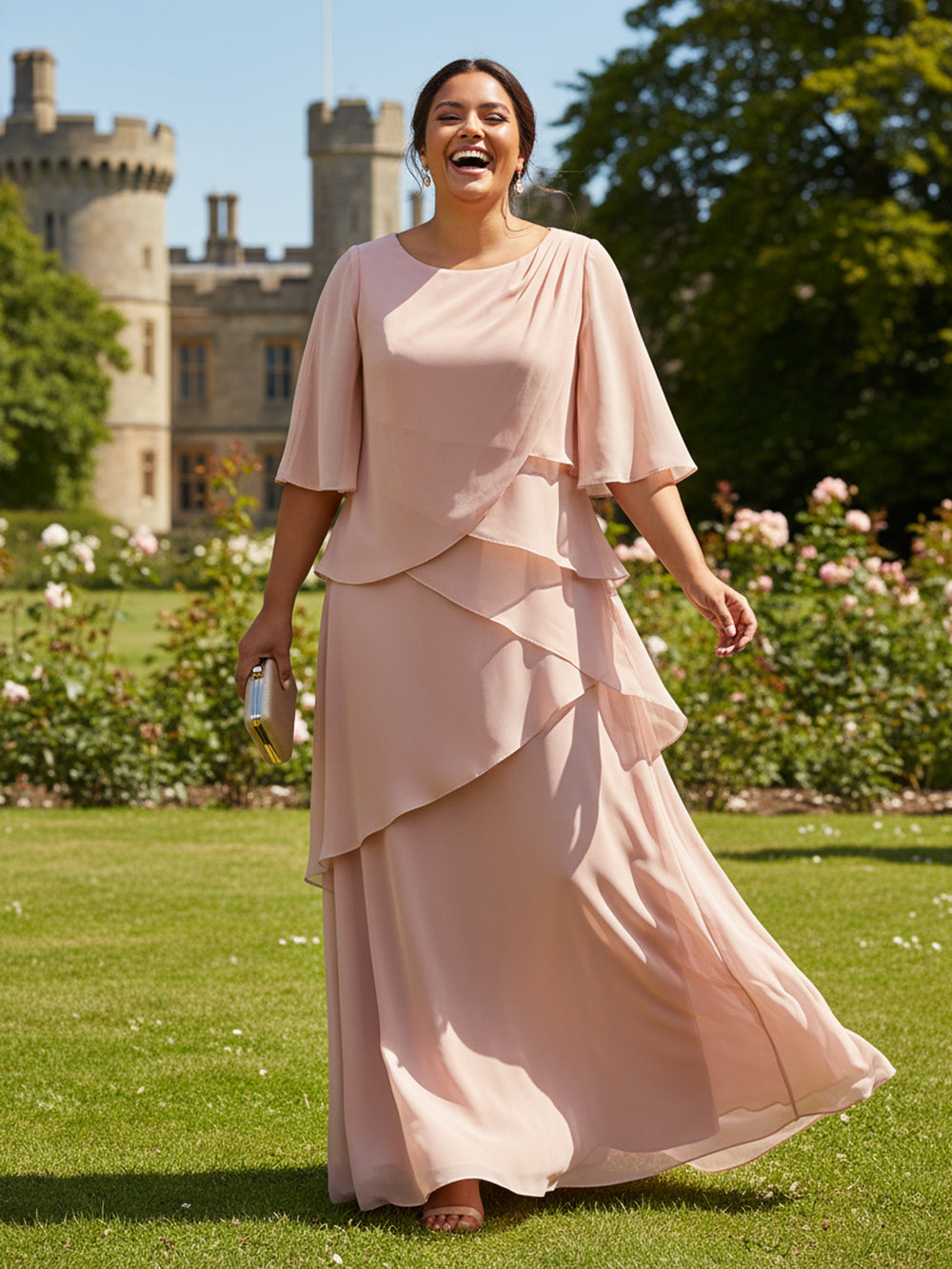 Short Sleeves Chiffon Round Neck Ruffles A Line Mother of the Bride Dresses