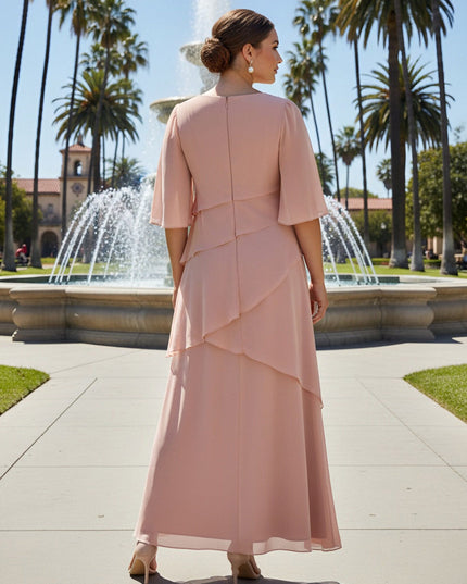 Short Sleeves Chiffon Round Neck Ruffles A Line Mother of the Bride Dresses