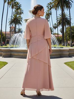 Short Sleeves Chiffon Round Neck Ruffles A Line Mother of the Bride Dresses