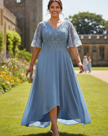 Short Sleeves Chiffon V Neck Ruffles Lace Appliques Mother of the Bride Dresses