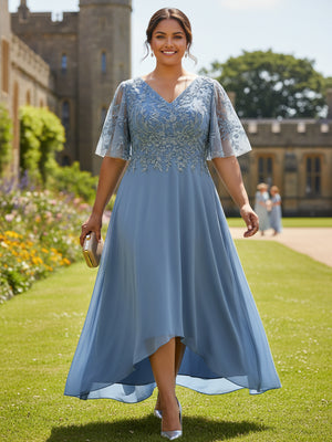 Short Sleeves Chiffon V Neck Ruffles Lace Appliques Mother of the Bride Dresses