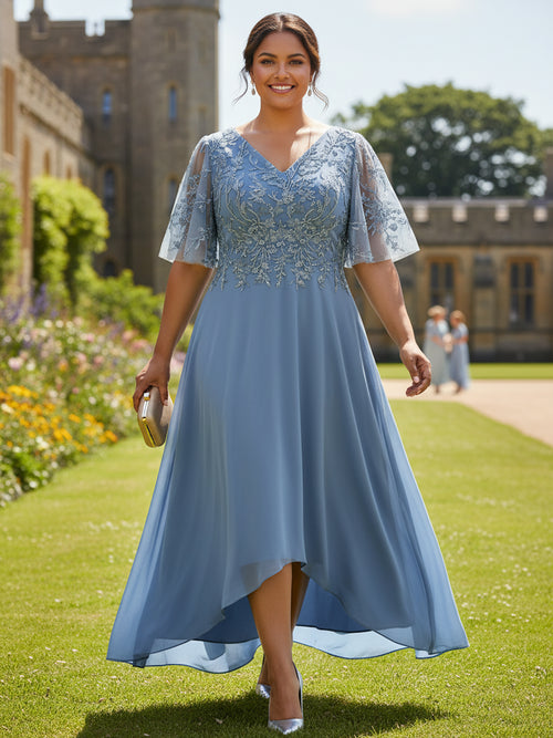 Short Sleeves Chiffon V Neck Ruffles Lace Appliques Mother of the Bride Dresses