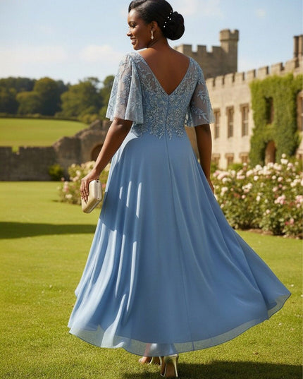 Short Sleeves Chiffon V Neck Ruffles Lace Appliques Mother of the Bride Dresses