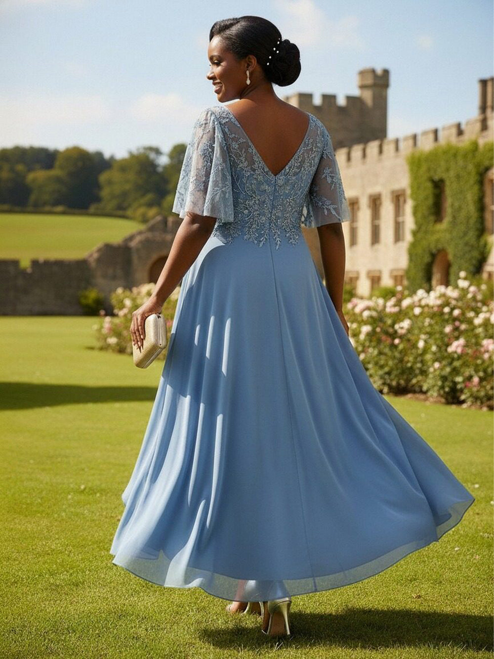 Short Sleeves Chiffon V Neck Ruffles Lace Appliques Mother of the Bride Dresses