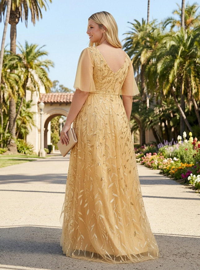 High Low Short Sleeves Sequin Round Neck Ruffles A Line Mother of the Bride Dresses