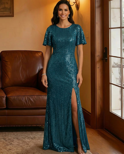 Scoop Neck Sequin Short Sleeves Mother of the Bride Dresses with Slit