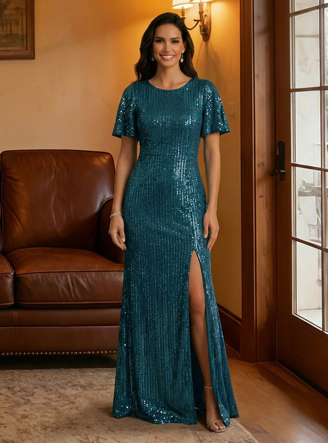 Scoop Neck Sequin Short Sleeves Mother of the Bride Dresses with Slit
