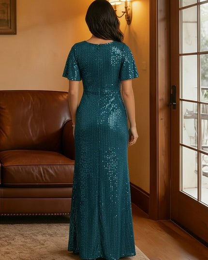 Scoop Neck Sequin Short Sleeves Mother of the Bride Dresses with Slit